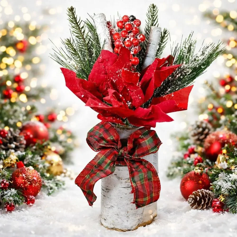 Red Plaid Holiday Christmas Flower Floral Bouquet Arrangement Poinsettia Birch